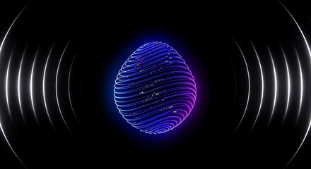 Abstract digital fingerprint glowing with vibrant blue and purple light in a dark futuristic tunnel with concentric rings of light