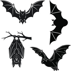 Collection of black bat silhouettes in various poses for halloween themed designs and decorations
