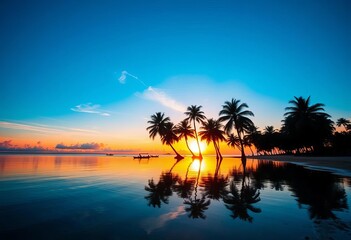 Silhouetted palm trees reflect in tranquil sunset waters on a tropical beach,  idyllic,  reflection