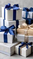 Obraz premium Multiple beautifully wrapped gift boxes are stacked together, showcasing elegant ribbon and floral decorations in a modern style