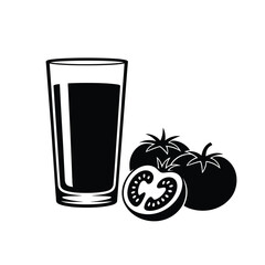 Black and white illustration of a glass of tomato juice and fresh tomatoes