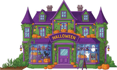 Spooky halloween shop decorated with pumpkins and ghosts for a festive celebration