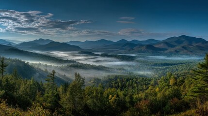 Majestic mountain vista with morning fog and lush green forest under a clear blue sky.