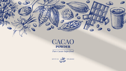 Hand drawn sketch cocoa chocolate product background. Vintage vector illustration of natural healthy food. Packaging design of cacao powder
