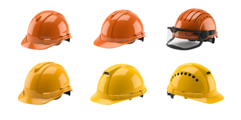 Orange and Yellow Hard Hats, product photography layout, cutout, PNG isolated on white or transparent background