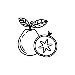 Simple line drawing of a guava fruit and slice