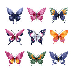  Collection of diverse colorful butterflies with textured wings on a pure white background