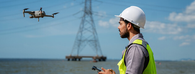 Engineer in a safety vest operating a drone to inspect and survey electrical power lines. Technician inspecting the power station for scheduled maintenance.