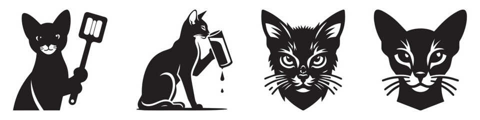 Modern Minimalist Abyssinian Cat Holding Spatula Icon, Flat Silhouette of a Pet Animal Vector for Cooking Illustration Design