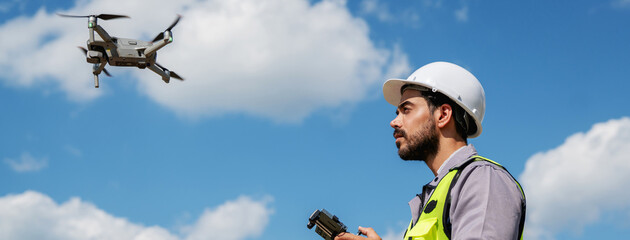 Engineer in a safety vest operating a drone to inspect and survey electrical power lines. Technician inspecting the power station for scheduled maintenance.