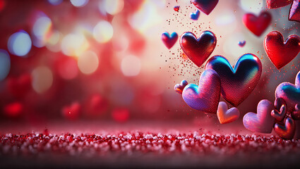 Festive heart shapes floating with glitter and bokeh lights