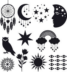 Black silhouette collection of celestial objects dreamcatcher owl flowers sun rainbow and geometric patterns