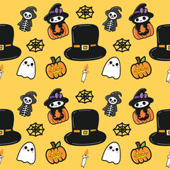 Seamless Halloween pattern with ghosts stars and bats, Creepy halloween vector seamless pattern with cute ghost, Happy halloween party seamless pattern background 