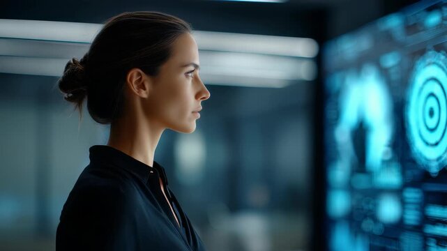 A focused professional woman observes advanced analytics displayed on a transparent digital interface in a high tech workspace. Innovation, strategy, and empowerment are visually represented here - Powered by Adobe