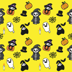 Seamless Halloween pattern with ghosts stars and bats, Creepy halloween vector seamless pattern with cute ghost, Happy halloween party seamless pattern background 