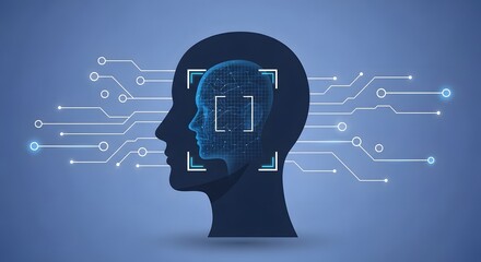 Conceptual illustration of artificial intelligence using facial recognition technology for biometric identification and digital security