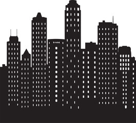 Black silhouette of a city skyline with varied building heights and window patterns black and white