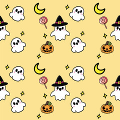 Seamless Halloween pattern with ghosts stars and bats, Creepy halloween vector seamless pattern with cute ghost, Happy halloween party seamless pattern background 