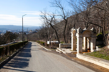 Krasnoarmeyskaya Street with a view of the Krasnoarmeysky Spring and the Spassky Cathedral. Pyatigorsk, Stavropol Krai, Russia
