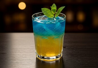 Electric Blue and Golden Yellow Layered Cocktail with Fresh Mint on a Dark Bar Top