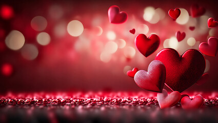 Red hearts floating with bokeh lights, valentines day celebration
