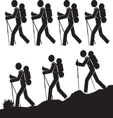 Black silhouette of hikers with backpacks and trekking poles walking on uneven terrain and flat ground