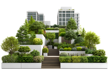 Terraced rooftop garden and urban park with mature trees and modern buildings in the background, isolated on a transparent background.