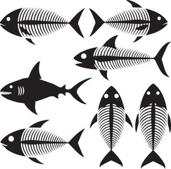 Black silhouettes of fish skeletons and a shark on a white background vector