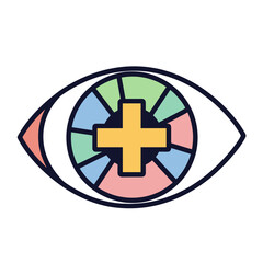 Obraz premium Visual health is seen through eye vision with colorful segments and cross symbol. Eye vision checks for visual health are critical, along with other diagnostics.