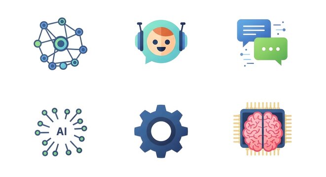 Modern flat gradient icon set representing artificial intelligence, machine learning, data networks, chatbots, and digital communication for advanced technology concepts - Powered by Adobe