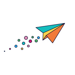 Paper airplane soaring with colorful dots against white background. Creative paper airplane design for playful ideas.