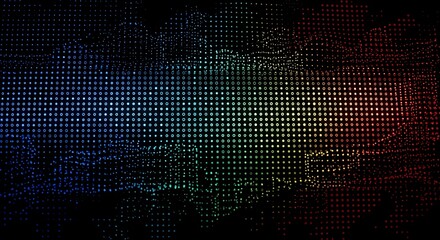 Abstract digital grid pattern with vibrant rainbow gradient transitioning from cool blues and greens to warm reds and oranges on a dark background