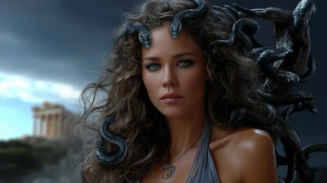 Gorgon Jellyfish legend: cursed statue, Olympian wrath, Medusa glance, serpent ornament, sacred ruin, marble gaze, divine sorrow, mortal fear, ancient symbol, temple shadow, tragic spirit.