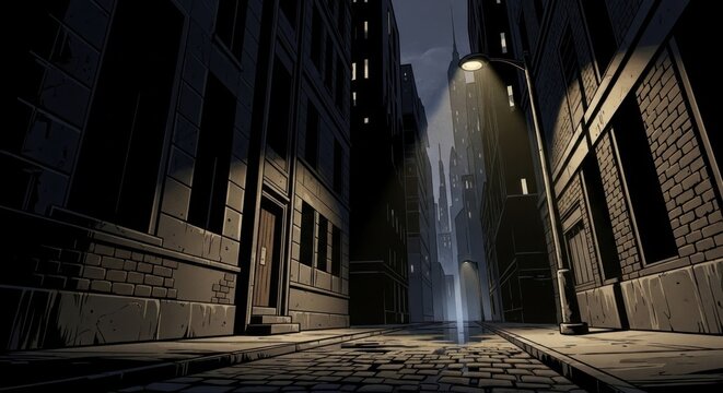 Dark alleyway reveals ominous glow under streetlight in urban setting at night, creating mysterious and suspenseful atmosphere.