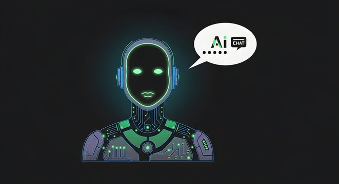 Futuristic robot head with glowing eyes and a speech bubble containing 'AI' signifying artificial intelligence and innovation