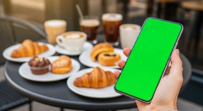 Hand holding a smartphone with a green screen over a table with coffee and pastries. - Powered by Adobe