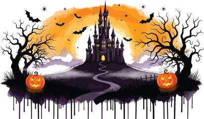 Spooky halloween castle with pumpkins and bats against an orange watercolor sky