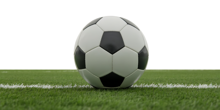 Soccer ball on green grass field, professional sports photograph, cutout, PNG isolated on white or transparent background