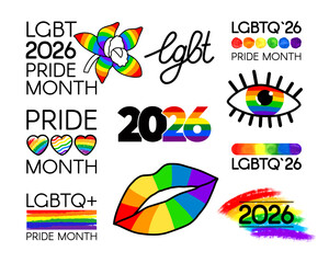 LGBT pride month 2026 set with rainbow logos, icons, stickers, lips, hearts, flower, eye, and colorful typography, celebrating diversity and equality