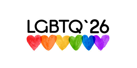 LGBTQ 2026 pride design with rainbow watercolor hearts and bold typography, symbolizing love, equality, diversity, and community support