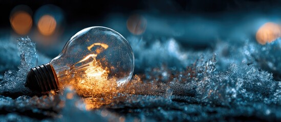 Glowing light bulb laying in frost, dark backdrop