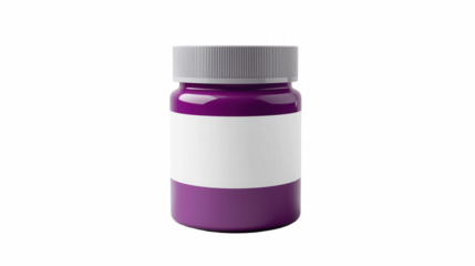 Purple supplement jar with grey cap and white label centered