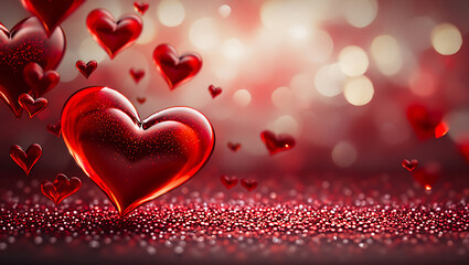 Romantic red hearts with glitter and bokeh lights background