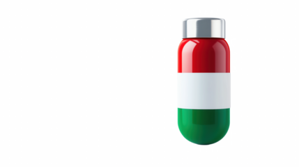 Red and green capsule shaped bottle with white label right copy space