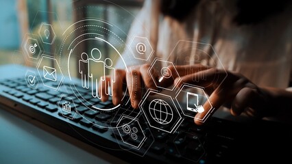 Business teamwork system showing digital communication and performance tracking. Teamwork improves...