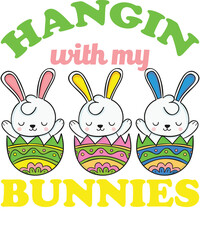 Three cute bunnies in easter eggs isolated on transparent background 