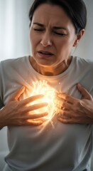 Woman suffering from chest pain with glowing heart. Health concern about human heart. Concept for heart attack, cardiology, or illness.