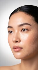Close-up of a woman's wet face with water droplets on her skin, representing skin hydration and beauty concept, for cosmetic advertising.