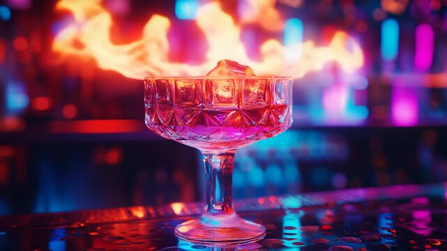 At a lively bar, a flaming cocktail its vibrant colors, combining ice and fire to create a stunning visual effect, making it a perfect fit for the captivating nightlife and an unforgettable experience