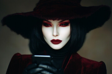 Woman in dark red hat with gothic makeup